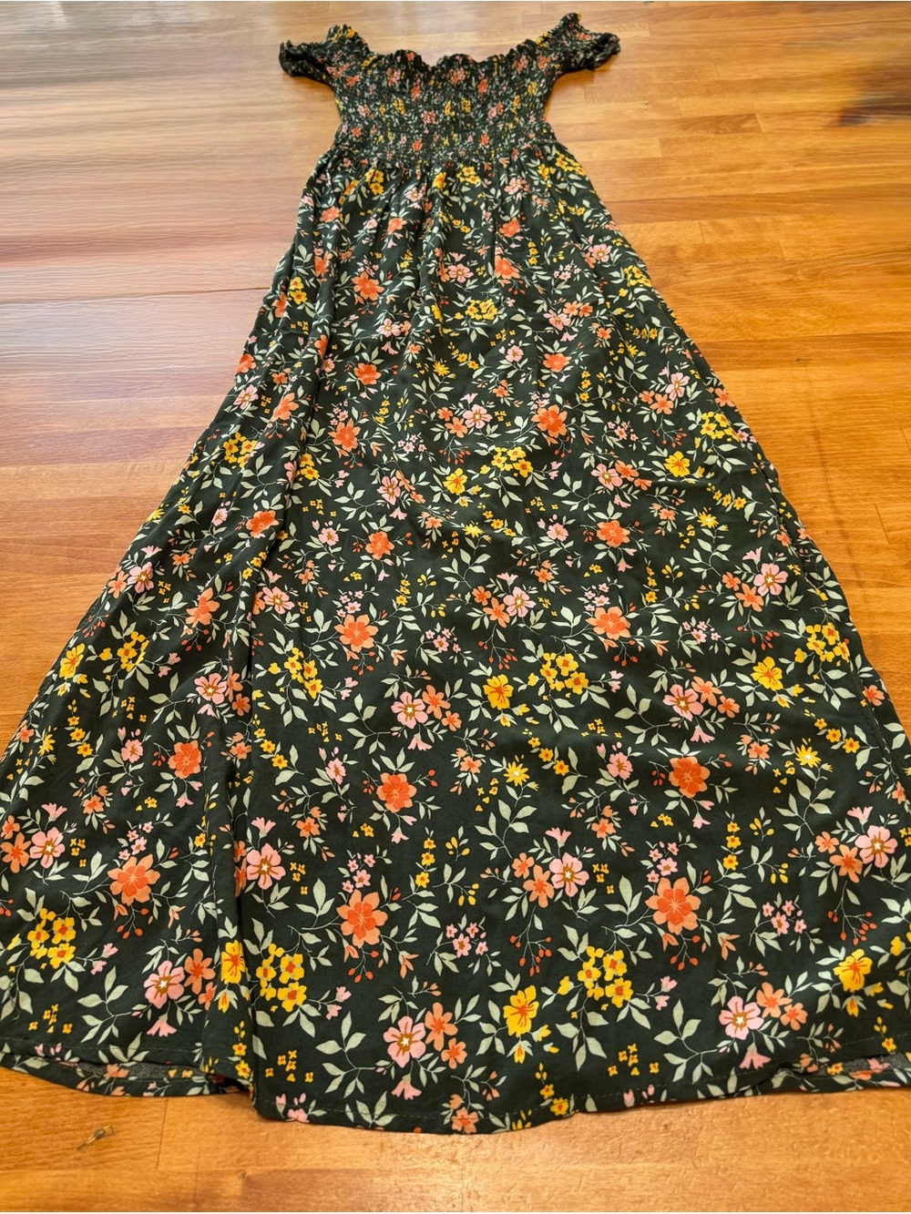 Lark & Grey Floral Boho Maxi Dress Smocked Off Shoulder Slit M